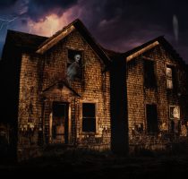 Haunted House with Lightning and Ghosts