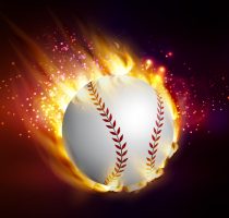 Dirty baseball speeding through the air on fire