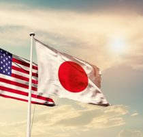 America,And,Japan,National,Flag,Cloth,Fabric,Waving,On,The